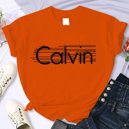 Women's summer 100% pure cotton fashionable casual loose Calvin letter pattern printed round neck short sleeved T-shirt top