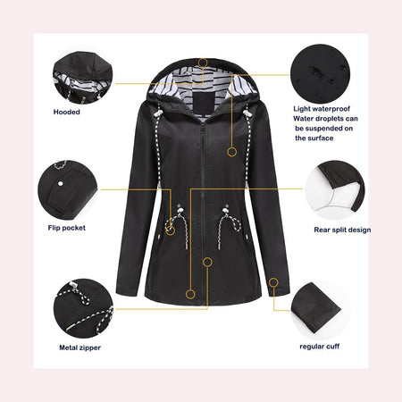 Blue Waterproof Hooded Jacket Women Fashion Casual Coat Waist Drawstring Tie Zipper Switch Red Green Yellow Black Windbreaker