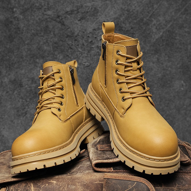 New winter men's shoes rain boots motorcycle leather shoes plush warm outdoor leisure high-top lace-up women's boots
