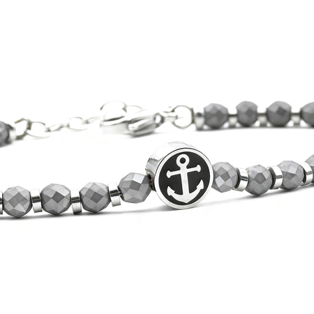 Runda Men's Bracelet with Black Iron Ore Anchor Pendant Stainless Steel Adjustable 22cm Fashion Charm Bead Jewelry