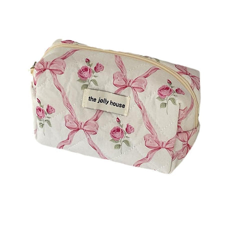Cute Bow Flower Cloth Handbag Quilting Cotton Makeup Bag Women Zipper Cosmetic Organizer Portable Toiletry Case for Girls
