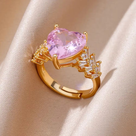 Luxury Stainless Steel Rings Gold Plated Colorful Stone Zircon Crystal Heart Ring For Women Wedding Boho Jewelry Christmas Gift