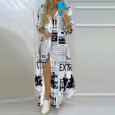 Autumn Women's New Long Shirt Skirt Long Skirt Single Breasted Printed Shirt Sleeve A-line Lapel Slit Long Sleeved Elegant Dress
