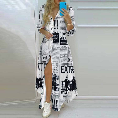 Autumn Women's New Long Shirt Skirt Long Skirt Single Breasted Printed Shirt Sleeve A-line Lapel Slit Long Sleeved Elegant Dress