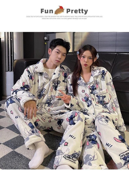 2Pcs Couple Plush Pajamas Suit Cute Disney Stitch Anime Man Woman Homewar Long Sleeve Pants Winter Cartoon Thicken Sleepwear