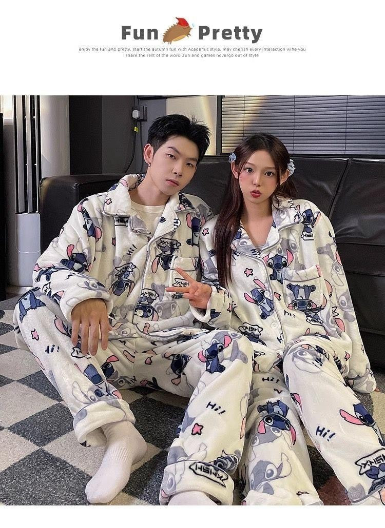 2Pcs Couple Plush Pajamas Suit Cute Disney Stitch Anime Man Woman Homewar Long Sleeve Pants Winter Cartoon Thicken Sleepwear