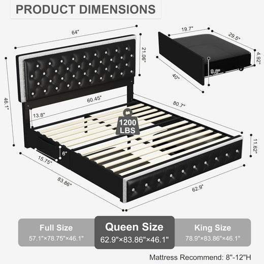 LED Bed Frame with 2 Drawers, PU Leather Platform Bed with Diamond Tufted Headboard Footboard and 2 Side Pockets, M