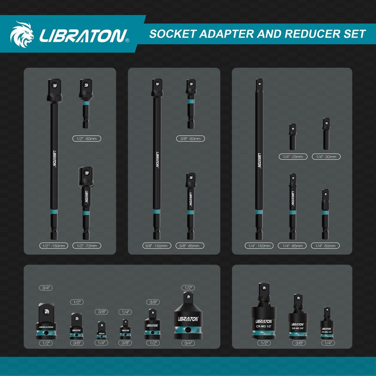 1/4" 3/8" 1/2" Impact Socket Adapters and Reducer, Includes Reducers, Universal Joints, Socket Adapter Extension, 20pcs