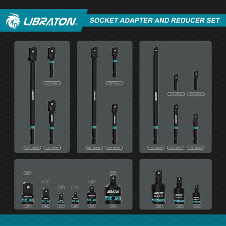 1/4" 3/8" 1/2" Impact Socket Adapters and Reducer, Includes Reducers, Universal Joints, Socket Adapter Extension, 20pcs