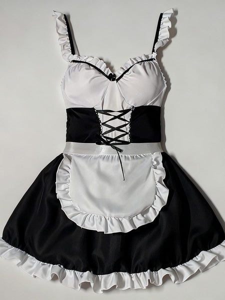 Role Student Complete Maid Cosplay School Costume Set Ruffle Cosplay Vacation Halloween Outfit Halter Dress Set Outfit Costume