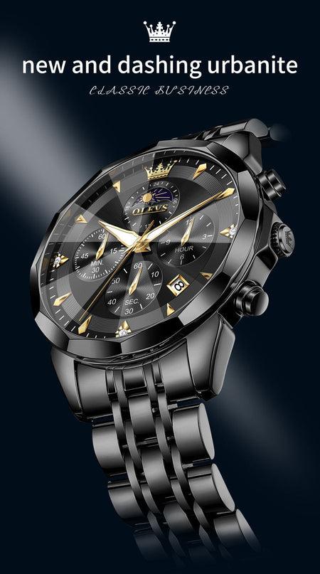 OLEVS Original Fashion Moon Phase Men's Watches Waterproof Chronograph Quartz Watch Stainless steel Calendar Brand Wristwatch