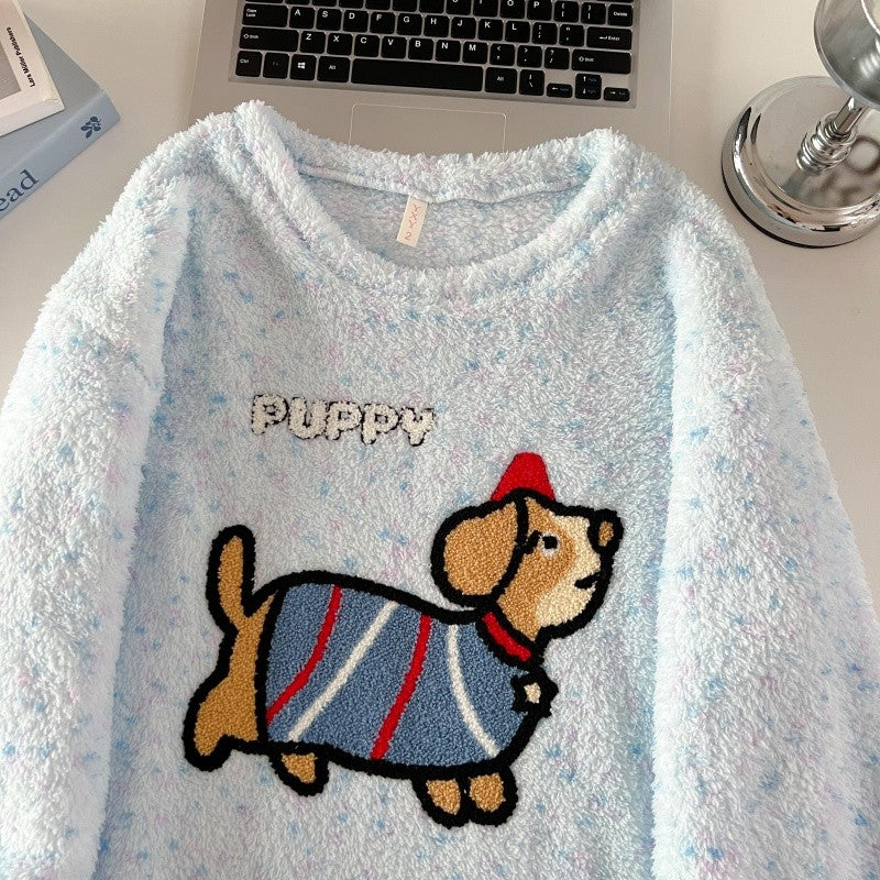 2pcs/Set Pajamas Korean Cute Dog Thickened Warm Fall And Winter Women's Pajamas Long-Sleeved Long Pants Set Sweet New Sleepwear
