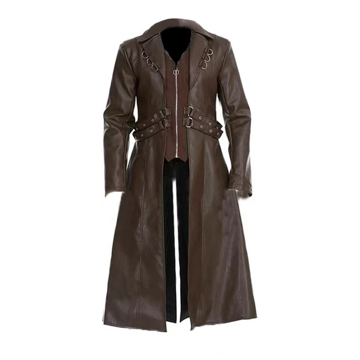 Men Steampunk Faux Leather Vintage Jacket Medieval Trench Coat Long Outwear Winter Gothic Windbreaker Motorcycle Halloween Stage