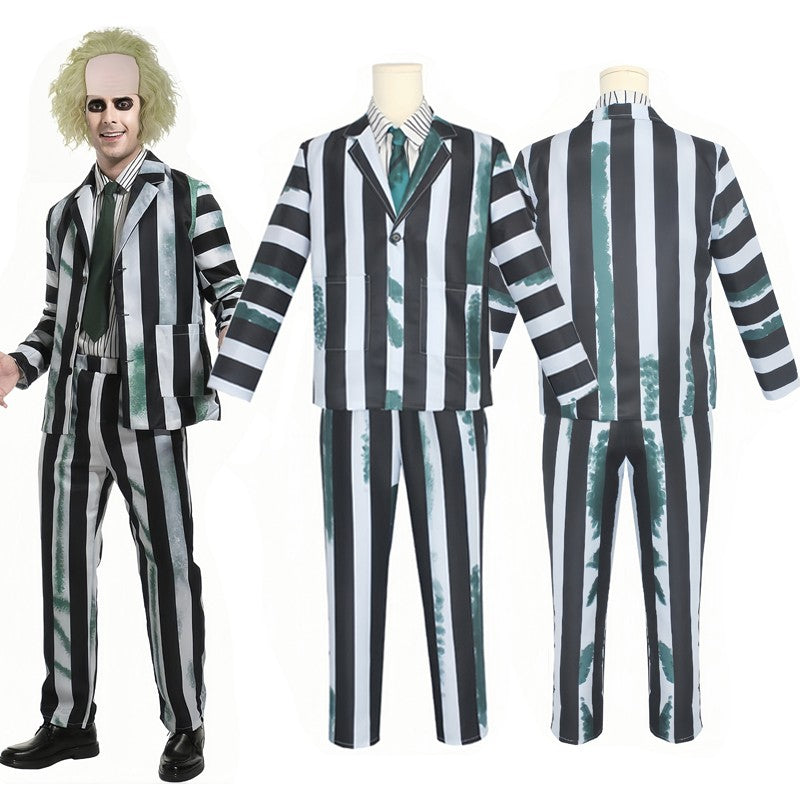 Adult Men Costume Black and White Striped Suit with Wig for Halloween Cosplay Party Outfit Horror Movie Character