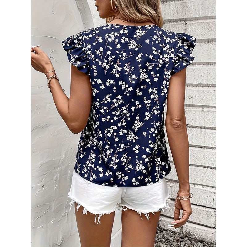 Shirt Fashion women's commuting V-neck breathable lace sleeve Tibetan blue small floral print design unique niche new noble shir