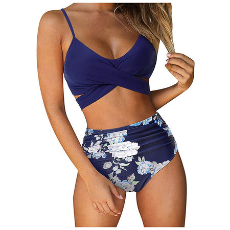 bikini Beach Style Floral Printed Women's Swimsuit Cross High Waisted Tow-piece For Teenagers biquinis feminino tendência 2024