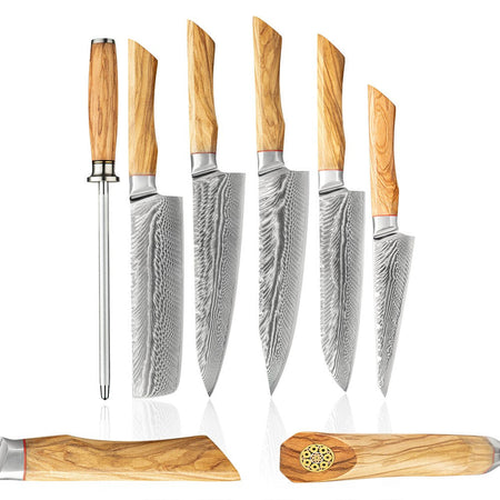 67-LAY Damascus Kitchen chef knife Set,Japanese Santoku Nakiri Knife Utility Knife Boning Knife,Cooking knife Olive wood HD