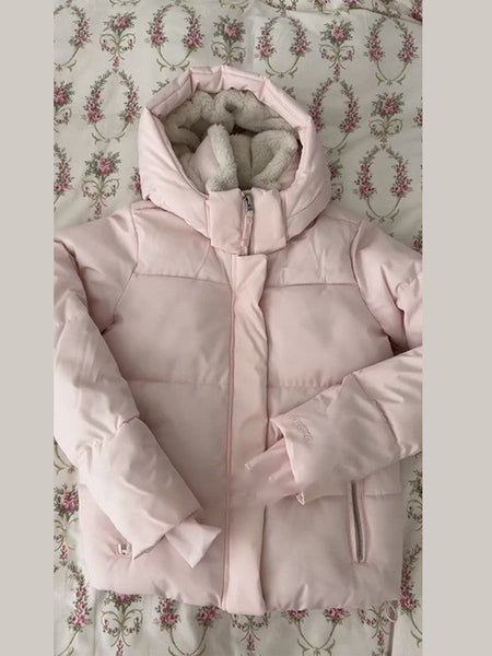 Pink Women's Jacket With Hat Zipper Pockets Inner Faux Fur Solid Female Jackets 2025 Autumn Winter Fashion Chic Lady Outwears