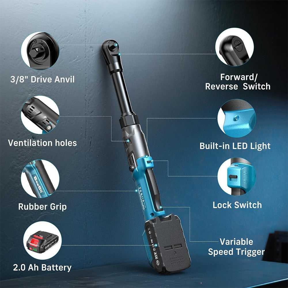 Seesii 3/8" 21V Cordless Electric Wrench 80Nm 6.3'' Extended Electric Ratchet Wrench Rechargeable Angle Wrench Car Repair Tools
