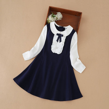 Girls Dresses 2025 Preppy Style Dresses Kids Ruffle Collar Long Sleeved Clothes Children Dresses with Bow for 5-12 Years