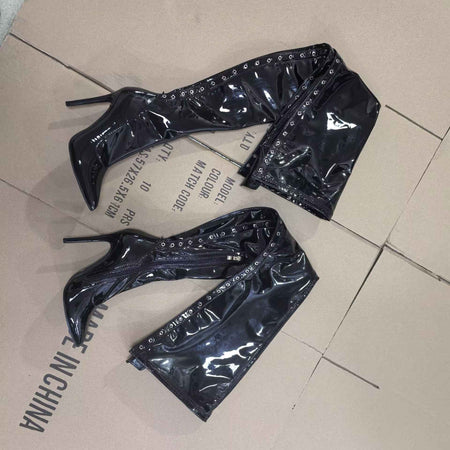 13CM Thin Heel Black Lace-up Over the knee Boots Woman Fetish Pointy Toe Boots Elastic Leather Thigh High Sexy Women Party Shoes