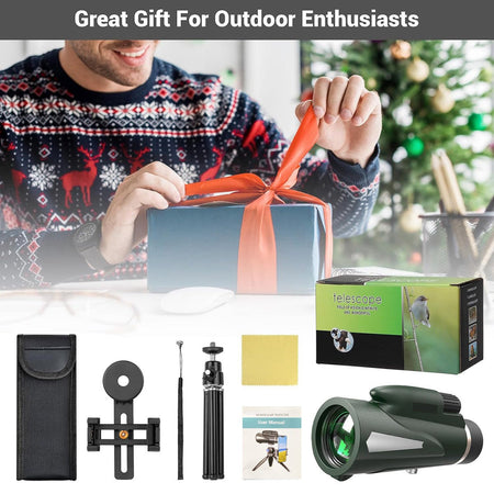 10X monocular telescope, paired with a phone tripod and fixture, used for outdoor bird watching, hiking, camping, traveling, lea