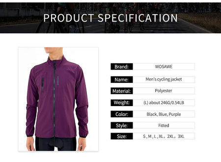 WOSAWE Mens Cycling Windproof Jacket Ultralight Windbreaker MTB Road Bike Vest Water Resistant Long Jersey with 2 way YKK zipper