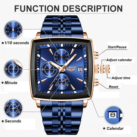 LIGE Top Brand Luxury Mens Watches Fashion Military Square Chronograph Quartz Wristwatches For Men Sports Waterproof Watch Men