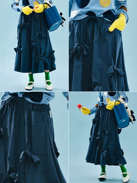 imakokoni 2025 Early Autumn Artistic Washed Braided Bow Half-Dress Casual Retro Women's A-Line Skirt255188