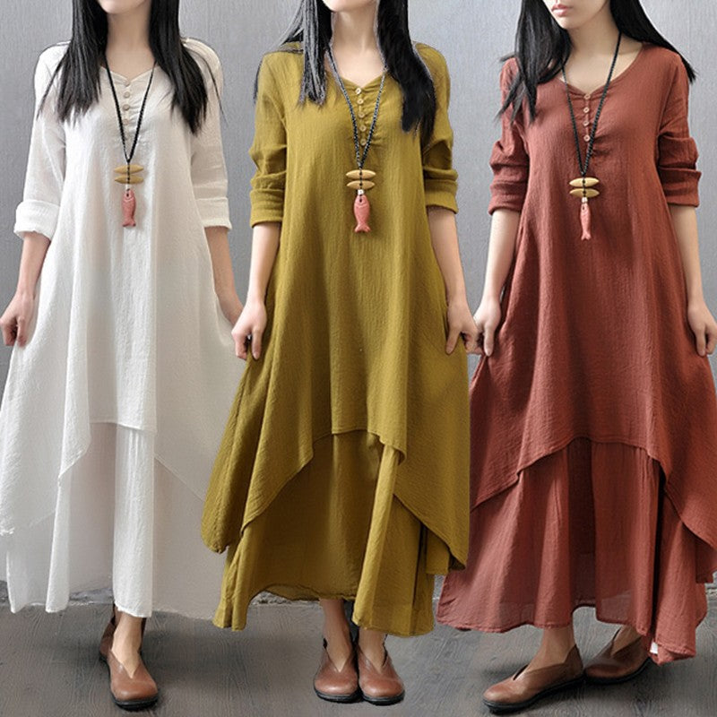 Summer Women Boho Vintage cotton and linen pocket dress Fake Two-piece Literary Irregular Large Swing Dress Robe double-layer