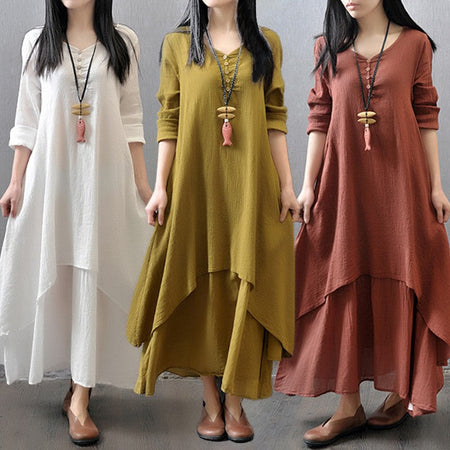 Summer Women Boho Vintage cotton and linen pocket dress Fake Two-piece Literary Irregular Large Swing Dress Robe double-layer