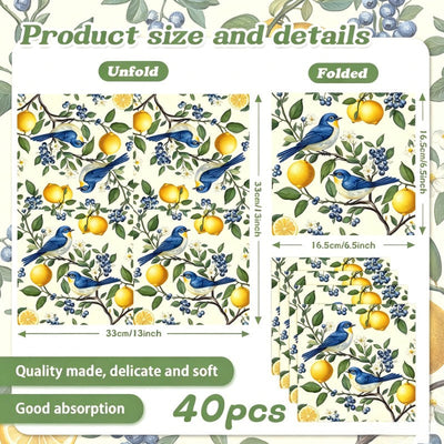20/40/60pcs Bird Lemon Blueberry Flower Themed Party Napkins, Suitable for Party Tea Parties, Birthdays, and Desktop Decoration