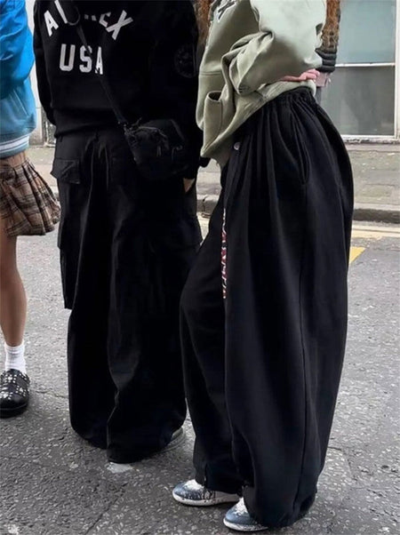 Oversize Woman Grey Black Sweatpants Y2K Korean Streetwear Loose Casual Jogger Pants High Waist All Match Drawstring Trousers