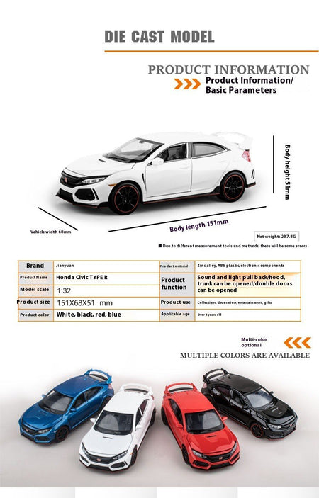 1:32 Honda Civic Type-R Alloy Sports Car Diecast Metal Model Car Central Control Ornaments Miniature Car Model Kids Toys Present