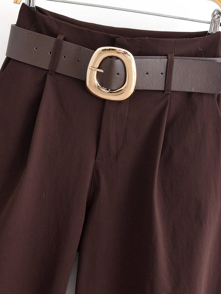 Tidalyf 2025 Women Vintage Brown Wide Leg Pants with Metal Belt High Waist Casual Trousers