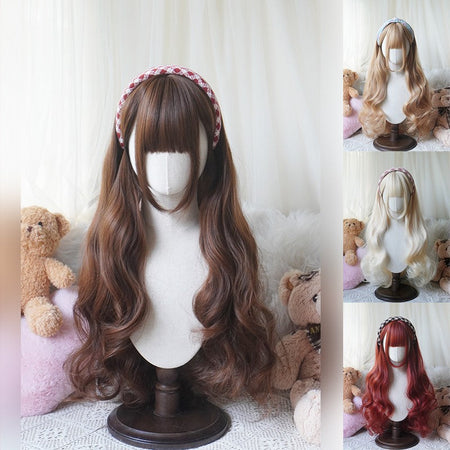 32cinch Lolita Style Long Curly  Wig | Heat Resistant Synthetic Hair with Bangs for Cosplay, Halloween, Anime Theme Party Dress