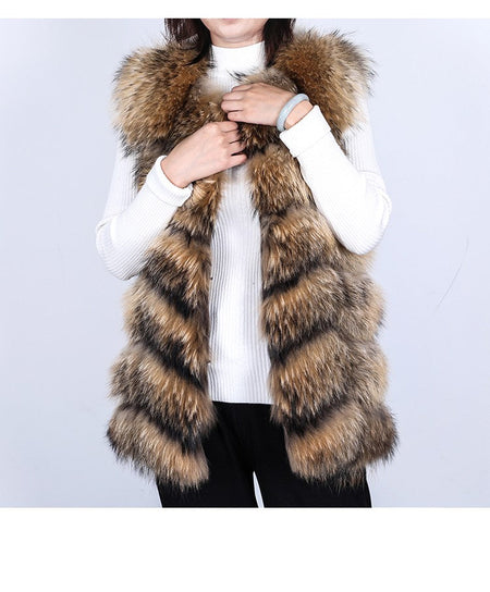 Maomaokong Natural Raccoon Real Fur Coat Ladies Waistcoat Fur Mid-length Winter Warm Real Fur Coat Luxury Women coat Top Vest