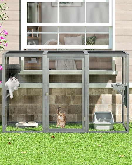 Weatherproof Outdoor Cat Enclosure, Large Wooden Catios with 3 Platforms, Patio Cat Houses for Cats, 71L Enclosed Space