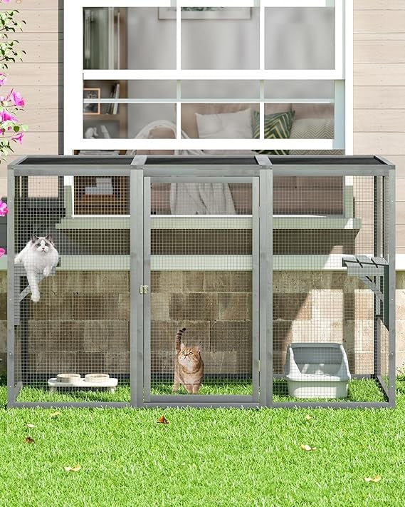 Weatherproof Outdoor Cat Enclosure, Large Wooden Catios with 3 Platforms, Patio Cat Houses for Cats, 71L Enclosed Space