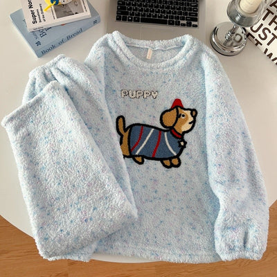 2pcs/Set Pajamas Korean Cute Dog Thickened Warm Fall And Winter Women's Pajamas Long-Sleeved Long Pants Set Sweet New Sleepwear
