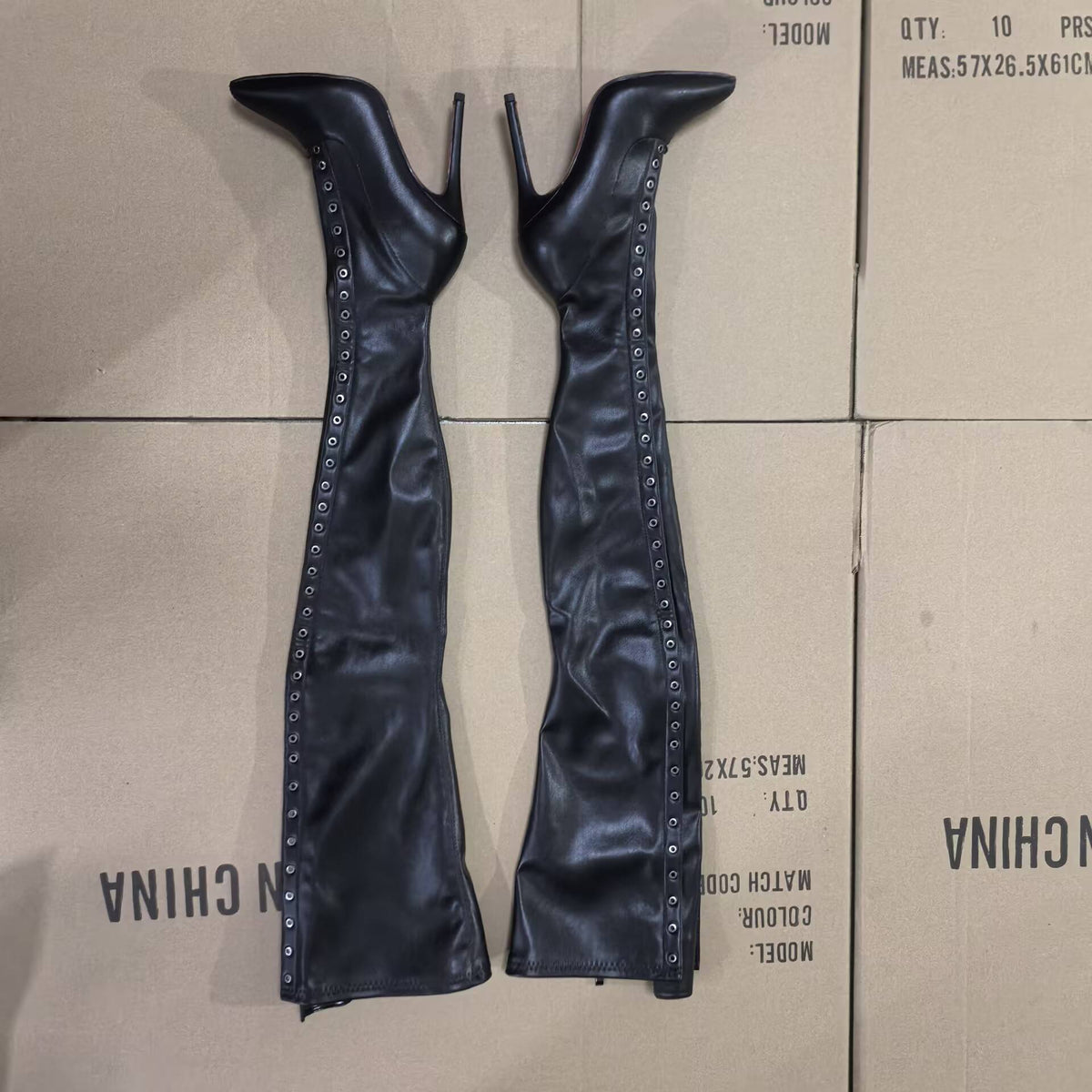 13CM Thin Heel Black Lace-up Over the knee Boots Woman Fetish Pointy Toe Boots Elastic Leather Thigh High Sexy Women Party Shoes