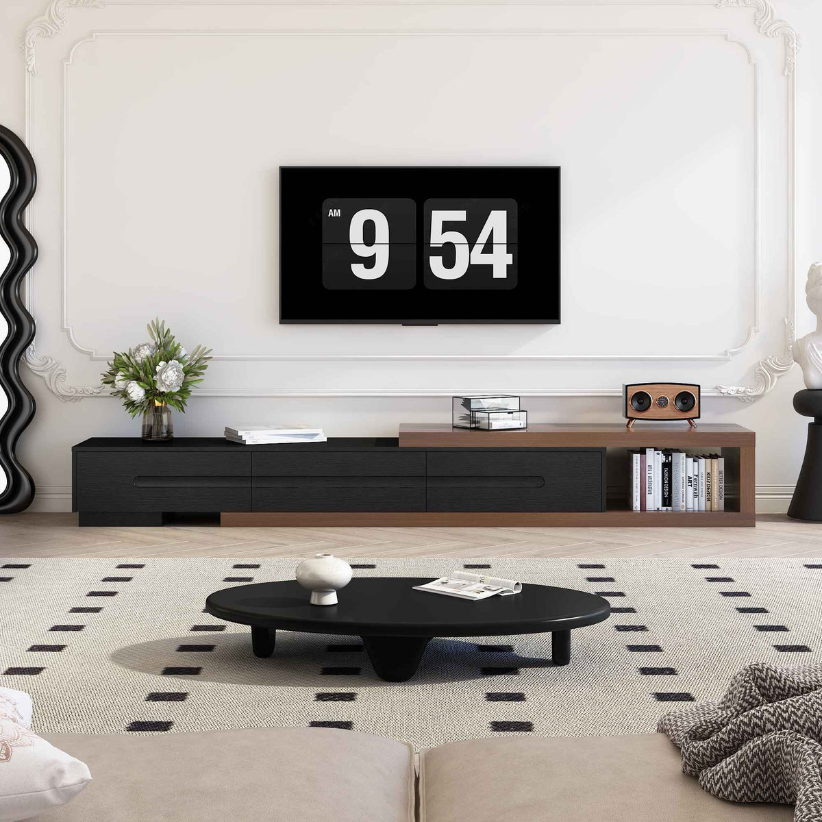 82-110'' Extendable TV Stand for Up to 120"TV, Wood Reversible TV Media Console w/3 Drawers & Open Storage Shelf for Living Room