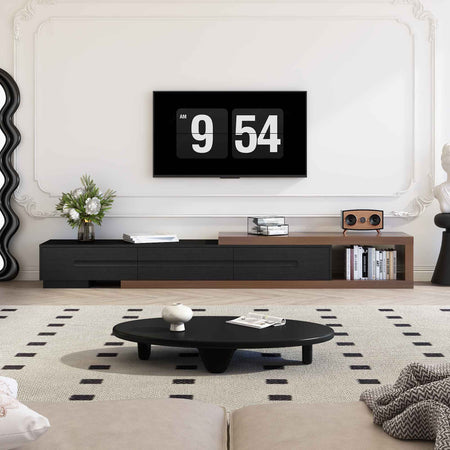 82-110'' Extendable TV Stand for Up to 120"TV, Wood Reversible TV Media Console w/3 Drawers & Open Storage Shelf for Living Room
