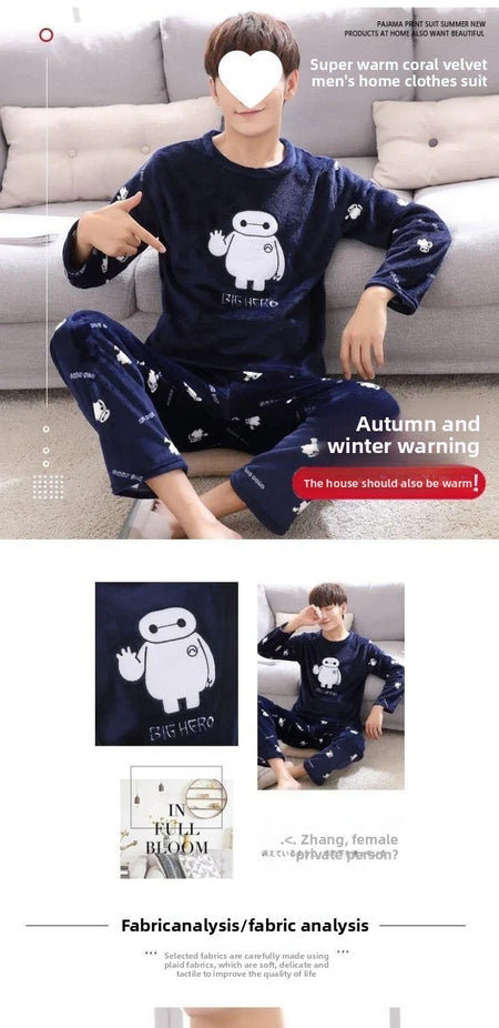 Thickened Flannel Sleepwear Set for Men Winter Home Clothes Coral Fleece Lined Autumn Winter Style Overhead Mens Nightgown
