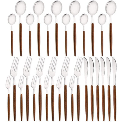 16/24/36Pcs Dinnerware Set Stainless Steel Imitation Wooden Handle Clamp Western Knife Fork Spoon Cutlery Tableware Silverware