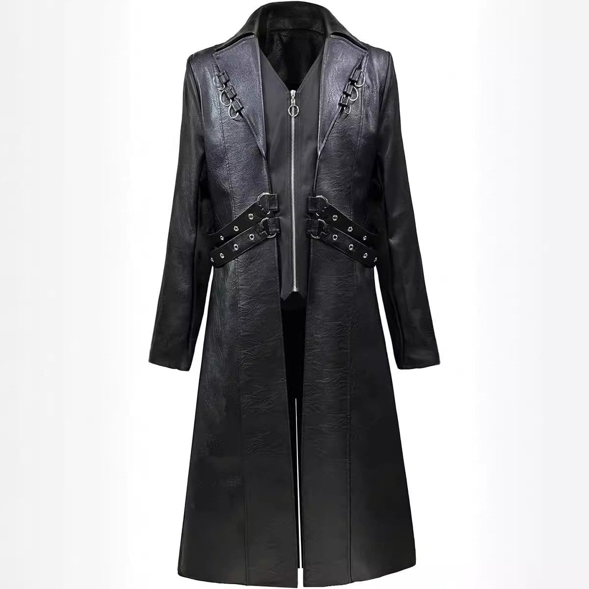 Men Steampunk Faux Leather Vintage Jacket Medieval Trench Coat Long Outwear Winter Gothic Windbreaker Motorcycle Halloween Stage