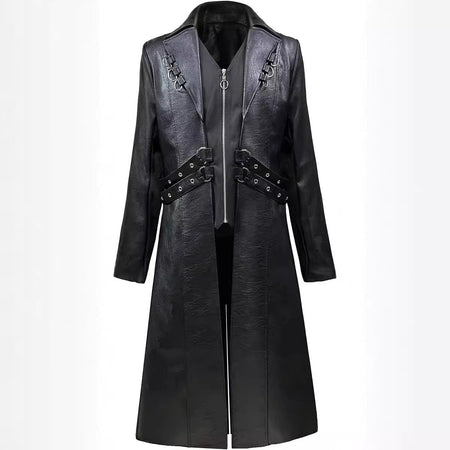 Men Steampunk Faux Leather Vintage Jacket Medieval Trench Coat Long Outwear Winter Gothic Windbreaker Motorcycle Halloween Stage
