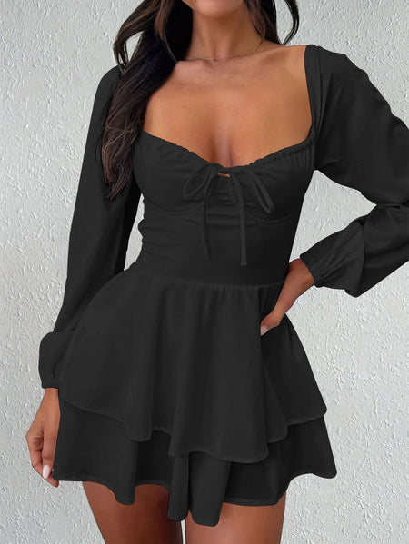 Sexy And Elegant V-neck Backless Waist Cinched Long Sleeved Dress Nightclub Party Style White Lace Up Ruffle Edge Short Skirt