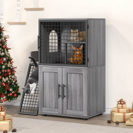 Cat Litter Box Enclosure with Platform,Double Layer Cat Litter Hidden Furniture,Cat Washroom Furniture,Cat House with Ladder