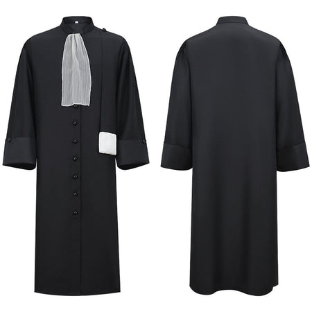Barrister Robe Medieval Lawyer Costume with Pleated Jabot Collar Clergy Choir Robe Vintage Priest Cosplay Outfit
